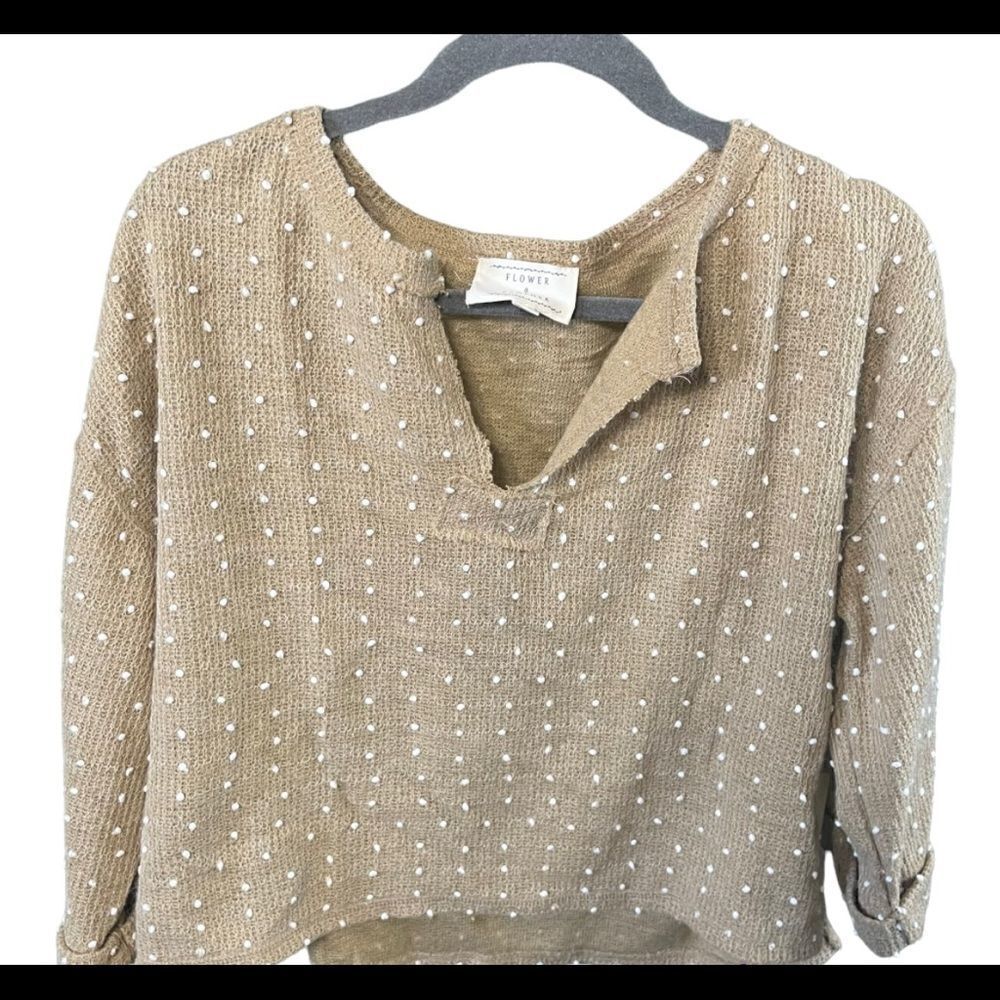 Flower & Feather NEW Tan White Swiss Dots Polka V Neck Cropped Crop Top